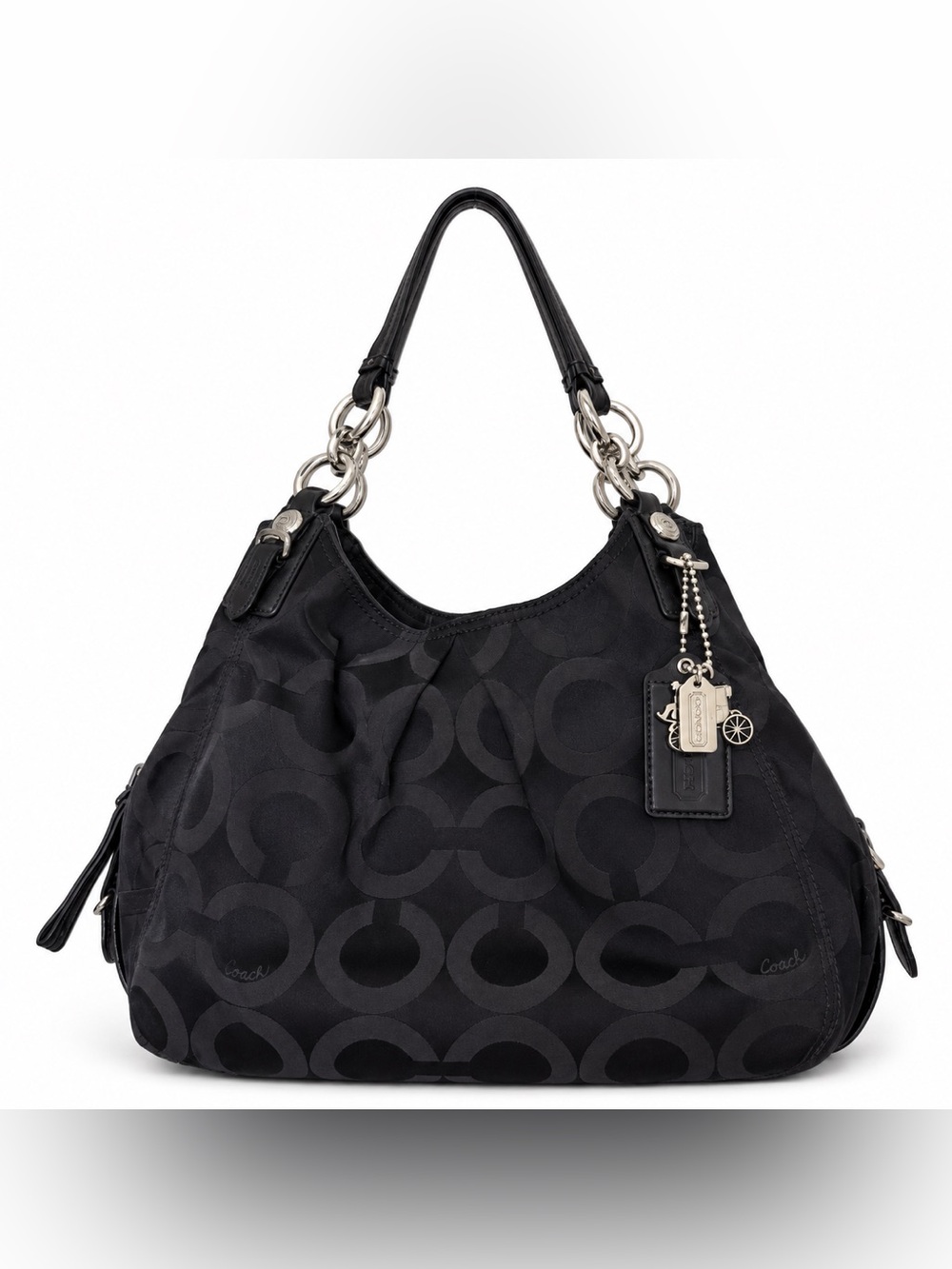 Coach Madison Op Art Maggie Signature Shoulder Bag Black Leather Purple Interior